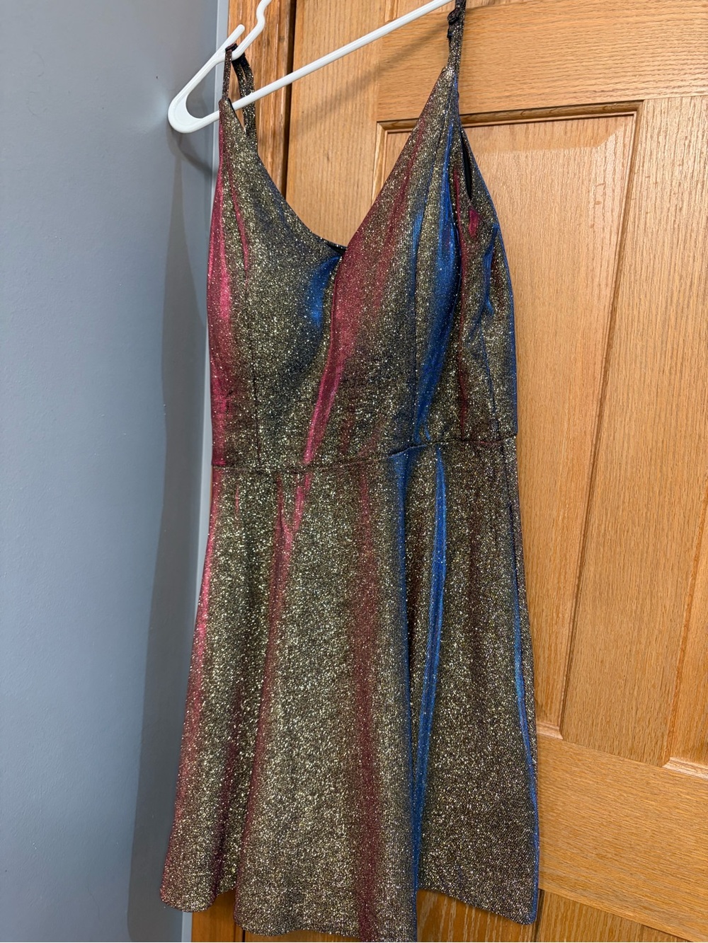 Speechless Glitter Slip Mini Dress in Gold with Red & Blue Accents